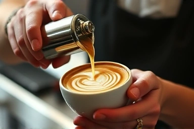 Barista pouring latte art in a coffee cup.
