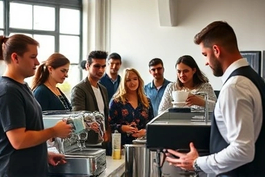 Students learning barista skills in a modern academy.