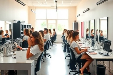 Students learning beauty skills in a modern academy classroom.