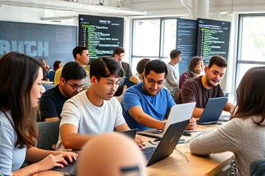 People learning C programming online in a collaborative study environment.