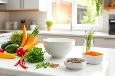 Fresh ingredients and modern kitchen counter, ready for cooking class.