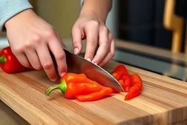Hands skillfully chopping fresh vegetables on a cutting board.