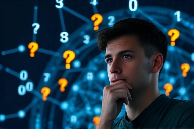 Person analyzing digital information network with question marks.