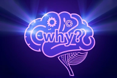 Stylized brain with gears, question mark, and illuminated pathways.