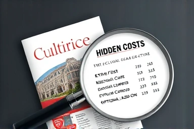 Magnifying glass revealing hidden costs on a cultural center brochure