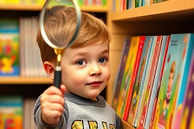 Child examining books with magnifying glass, seeking the right level.
