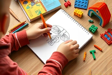Child learning science, medical drawing, educational books, focused learning