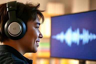 Person practicing English shadowing with headphones.