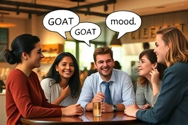 Young adults connecting through modern English slang in a cafe.