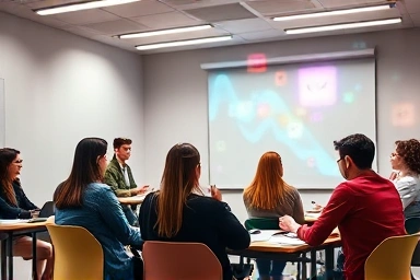 Digital marketing classroom with engaged learners and social media data flow.
