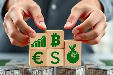 Building blocks forming finance and ESG symbols, growth.