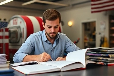 Determined firefighter exam candidate studying effectively.