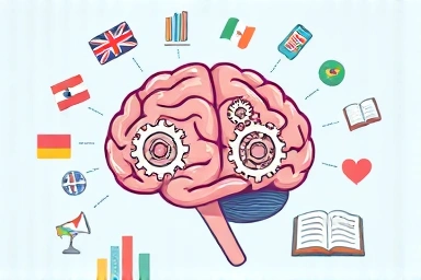Brain gears symbolizing effective language learning strategy.