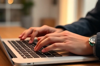 Hands translating document on laptop, symbolizing global communication.
