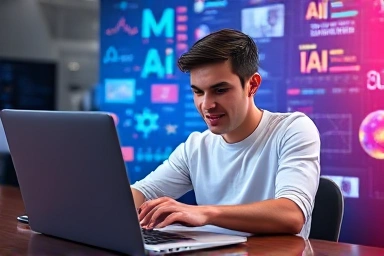 Young person learning advanced video editing with AI and 3D graphics.