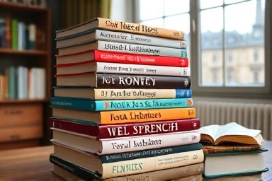 French language textbooks stacked on a wooden desk.