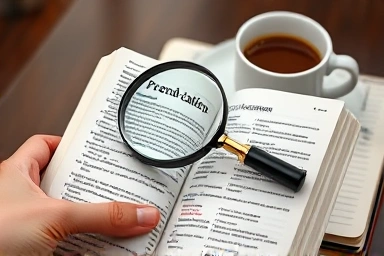 Hand with dictionary and magnifying glass, learning French.