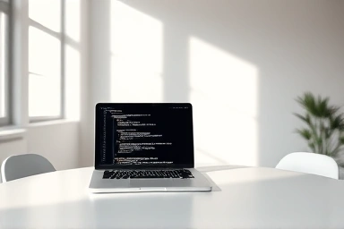 Modern tech workspace with open laptop displaying code.