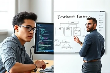 Junior vs. senior developer career progression symbolizing salary growth.