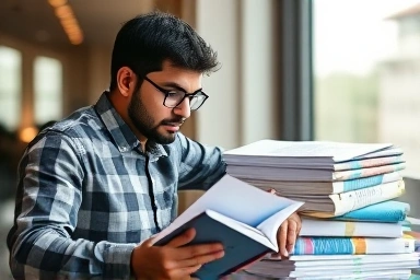 Person studying financial certification with books and charts.