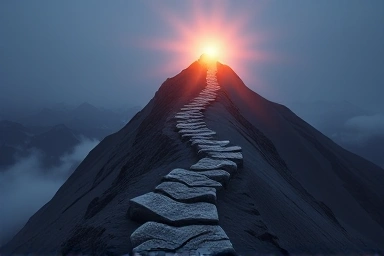 Symbolic mountain climb towards a financial certification summit.