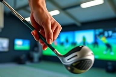 Golfer's hands on club with advanced swing analysis technology.