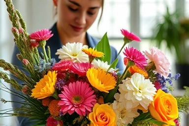 Florist arranging flowers skillfully in a bright studio.