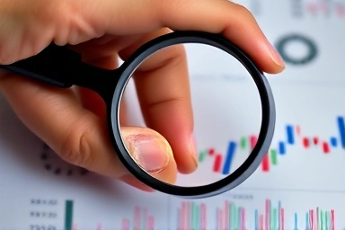 Close-up of hand with magnifying glass analyzing data chart for GSAT.