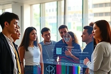 Diverse young adults inspired by holographic data visualizations.