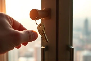 Hand holding a key unlocking a door to a city, representing new opportunities.
