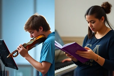 Student balancing music practice and academic study, arts high school preparation.
