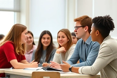 Students collaborating in a bright, modern high school classroom.