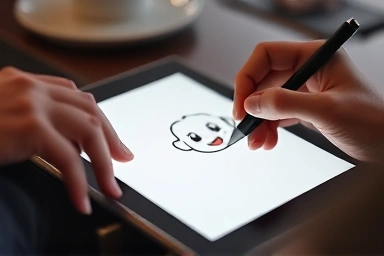 Hands sketching expressive character on tablet for emoji.