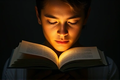 Open book illuminating a person's thoughtful face.