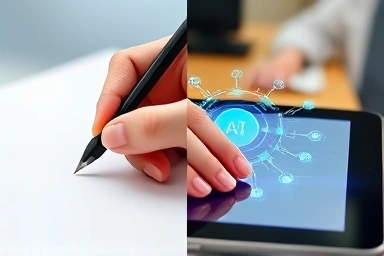 Traditional writing vs. AI assisted writing concept