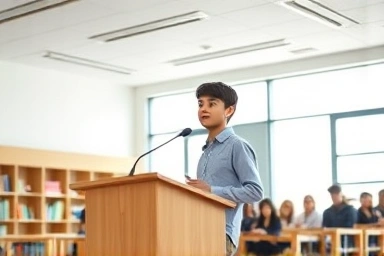 Student speaking in a modern international school classroom.