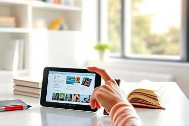 Student using iPad for education on a sunny desk.