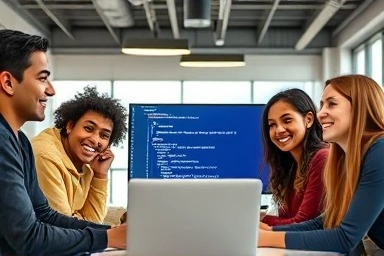 Diverse students learning coding online with government support.