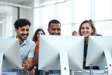 Diverse young adults coding in a modern tech workspace.