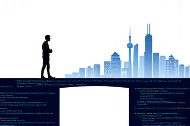 Bridge made of code blocks connecting individual to IT career.