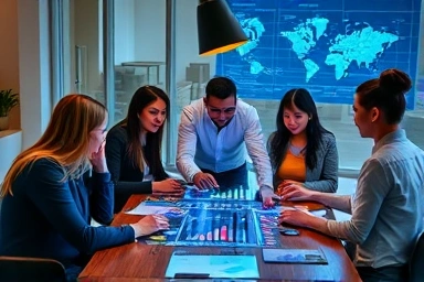 Professionals collaborating with glowing data visualizations.