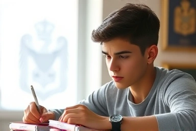 Young person studying for English test, aspiring for military service.