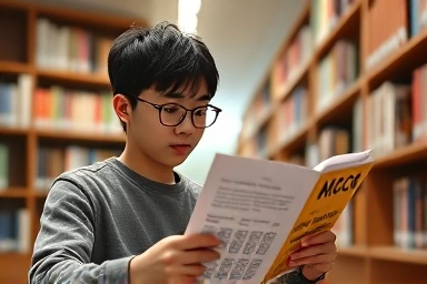 Student studying Korean mock test in library