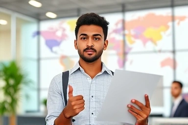 Ambitious intern presenting in a global trade office.