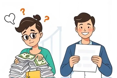 Confused person with bills transforms into confident person.