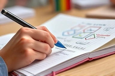 Hand writing organized study notes in a notebook