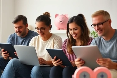 Adults learning online with money savings symbolism.