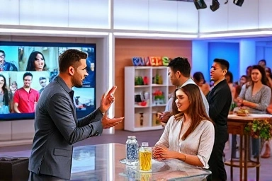 Show host engaging with online audience during live commerce.