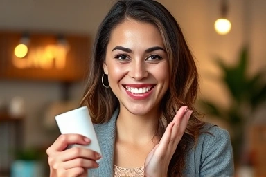 Charismatic live commerce show host presenting a product.
