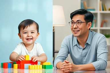 Child playing with blocks, adult discussing, symbolizing logic development.